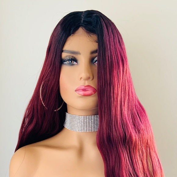 Gorgeous 28” Dark Rooted Burgundy Lace Part Synthetic Wig - Picture 7 of 16